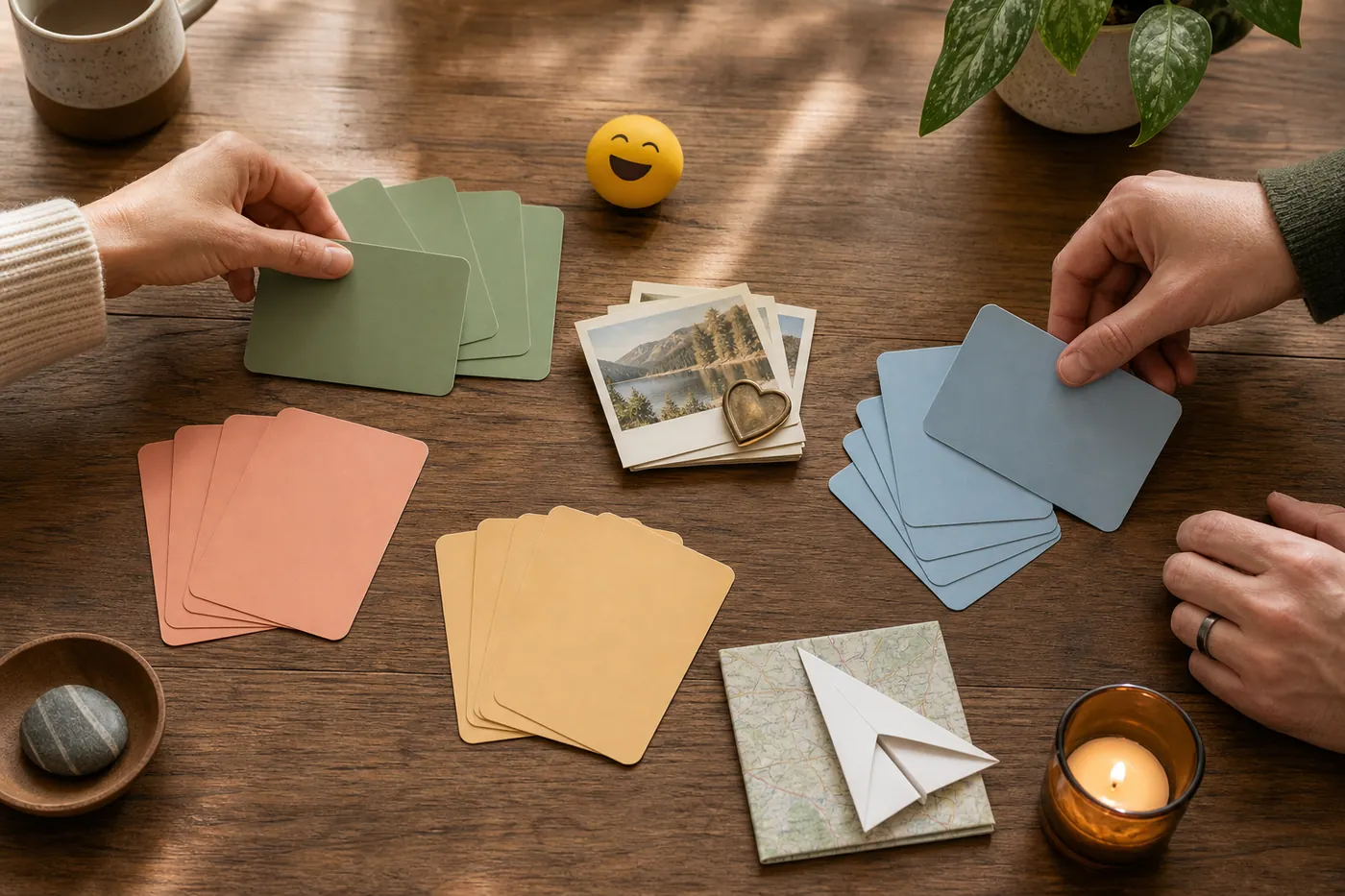 Cartes colorées représentant plusieurs catégories de questions de couple