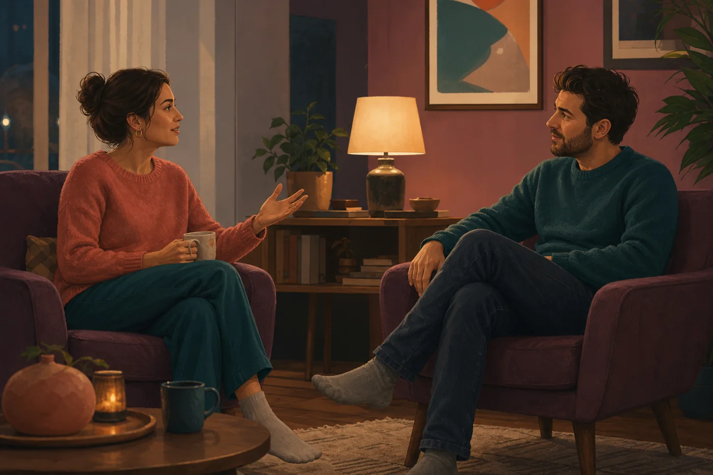 Couple discutant calmement avec une écoute respectueuse