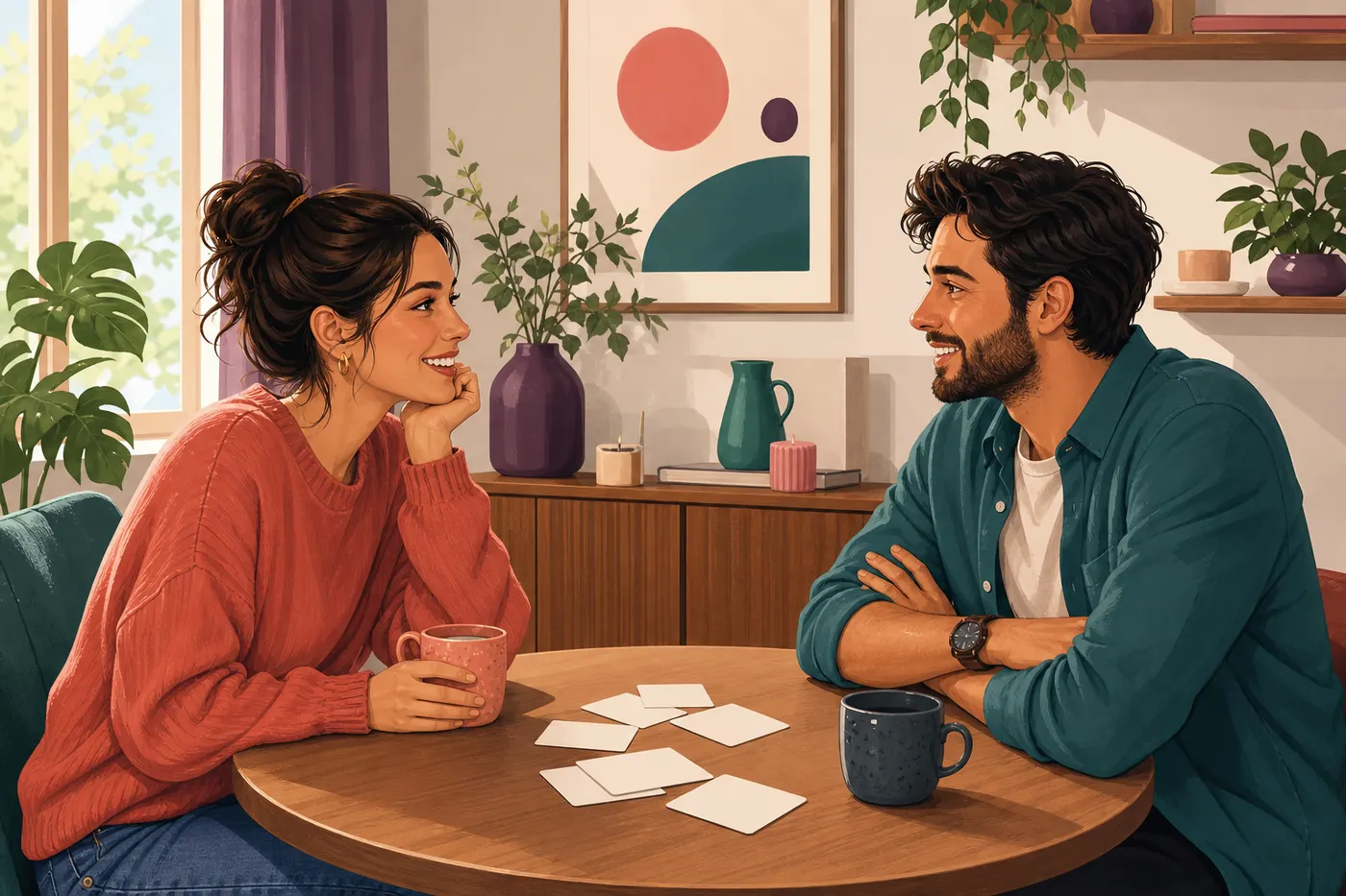 Couple échangeant autour de cartes de questions