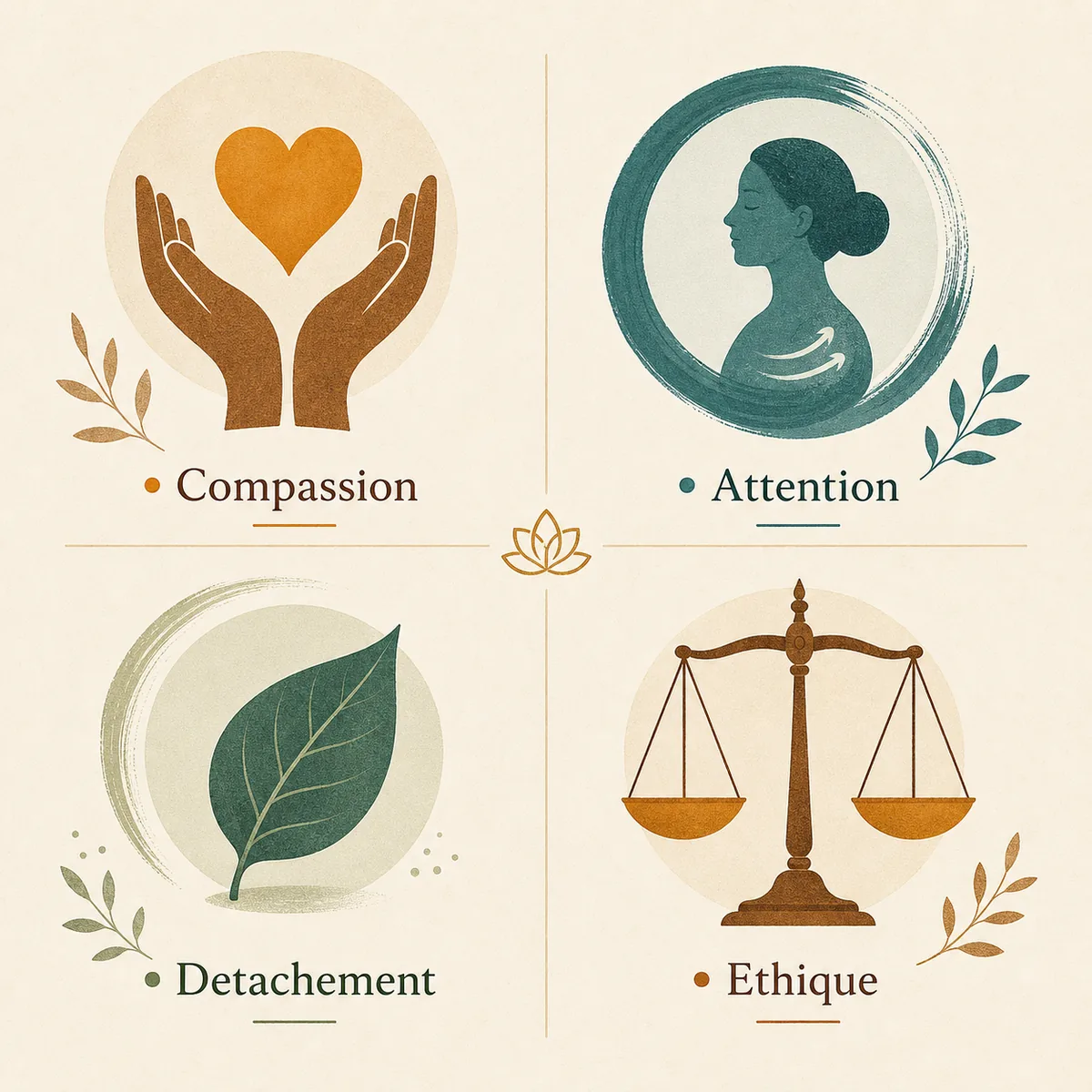 Illustration des quatre dimensions compassion attention détachement et éthique du test Bouddha
