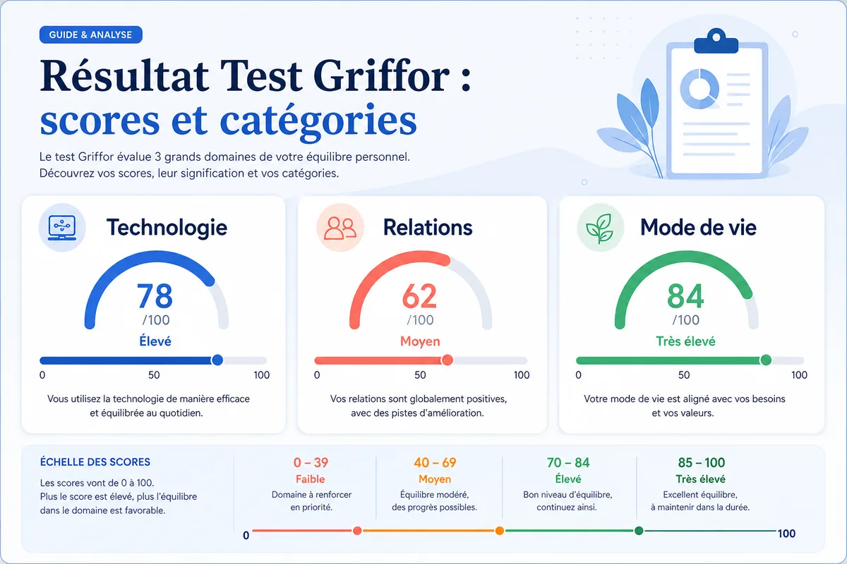 Infographie expliquant le résultat du Test Griffor avec un score global et trois catégories
